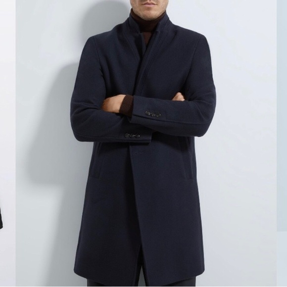 ZARA Coat Modern Straight Fit Wool Fully Lined sz M Navy Blue Inverted Lapel - Picture 1 of 14